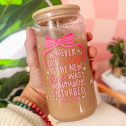 Reusable The New Pink Glass Can with bamboo lid and straw, 16oz eco-friendly drinkware for cold beverages