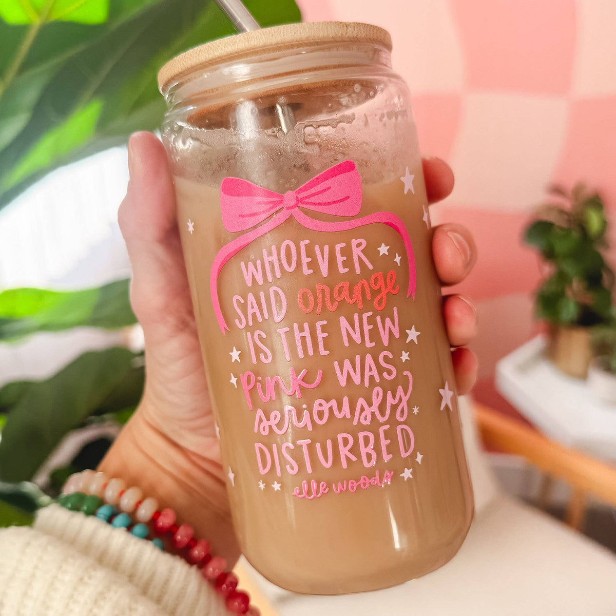 Reusable The New Pink Glass Can with bamboo lid and straw, 16oz eco-friendly drinkware for cold beverages