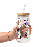 Ghosts and Books Glass Cup, Mug & Tumbler with Lid and Straw: 16oz Clear Glass