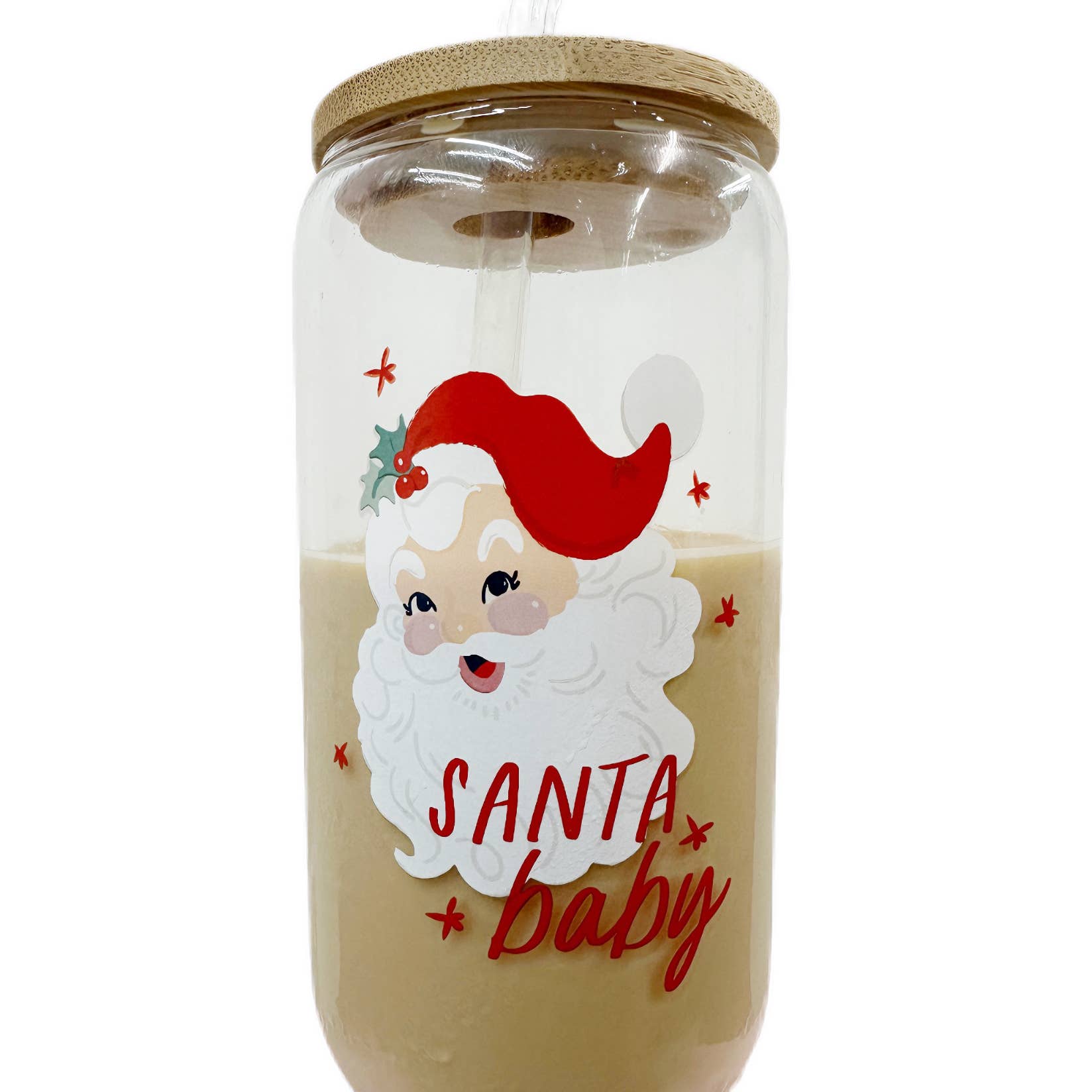 Holly Jolly Santa Christmas Latte Glass with Lid & Straw, red and white festive design, durable borosilicate glass, perfec...