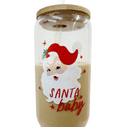 Holly Jolly Santa Christmas Latte Glass with Lid & Straw, red and white festive design, durable borosilicate glass, perfec...