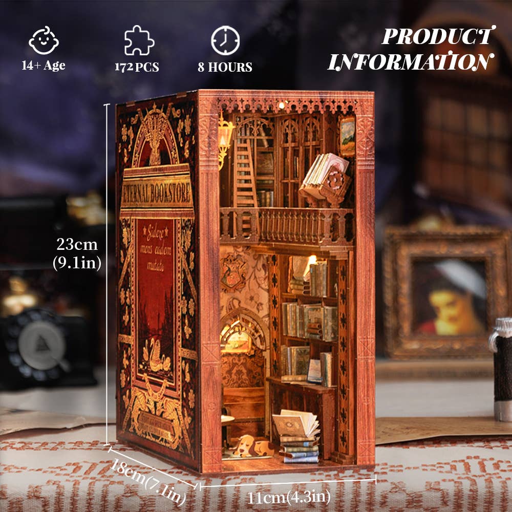DIY Book Nook Kit: Eternal Bookstore with Dust Cover, miniature wooden model, craft lovers gift idea