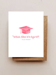 Elle Woods Grad Card with pink glitter design, congratulatory message, premium cardstock, perfect for Legally Blonde fans