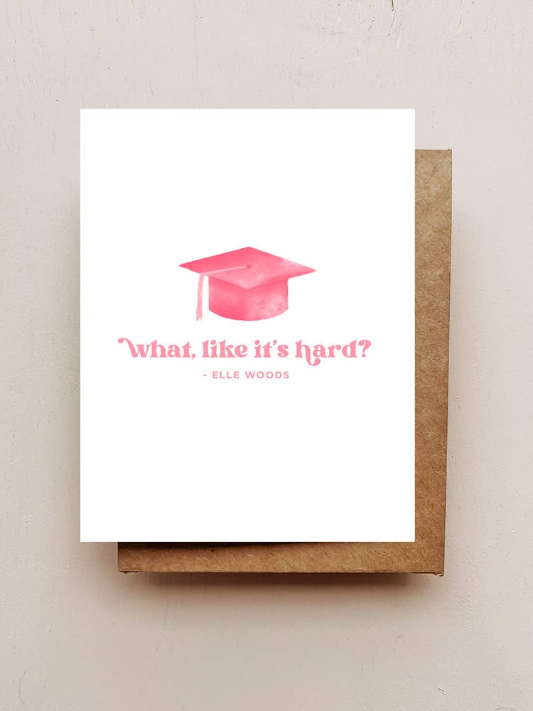 Elle Woods Grad Card with pink glitter design, congratulatory message, premium cardstock, perfect for Legally Blonde fans
