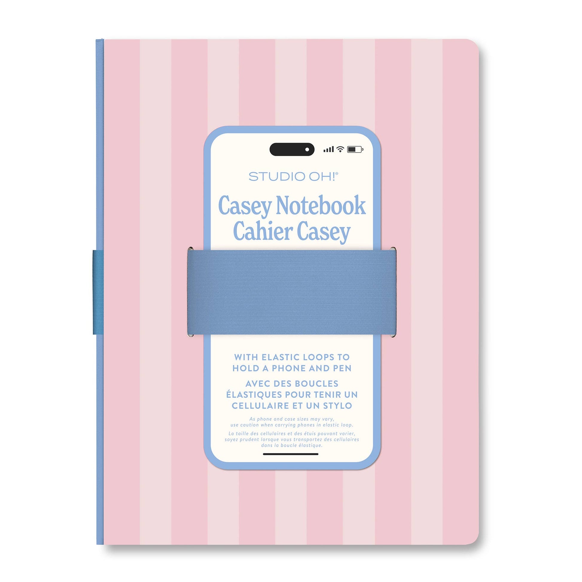 Pink Stripes Casey Notebook with Phone Loop featuring durable spiral binding and a convenient phone holder, perfect for st...