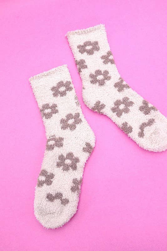 Floral Fleece Cozy Socks- Beige
