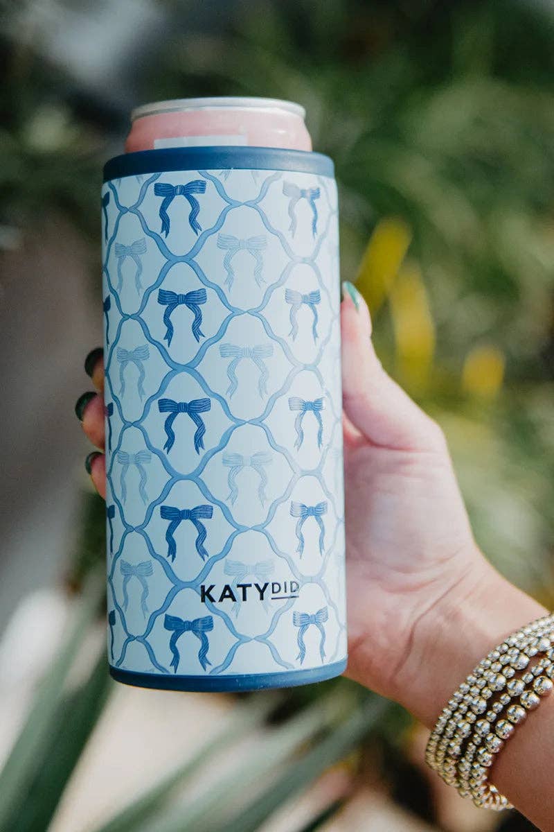 Blue Coquette Bows Slim Can Koozie in Light Blue, keeps drinks cold with decorative bow design.