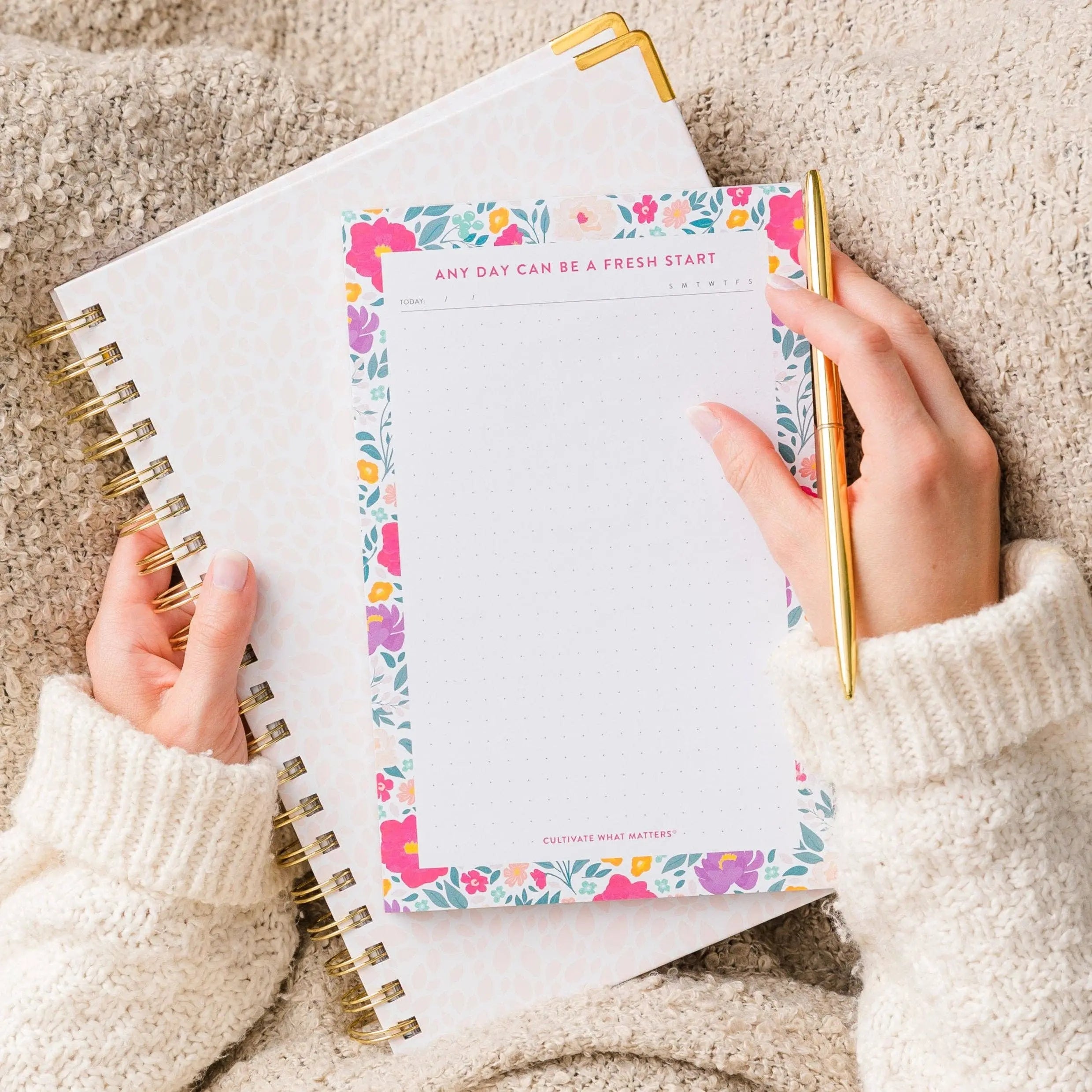 Dot Grid Notepad | Blooms in pastel pink, A5 size, eco-friendly paper, perfect for bullet journaling and sketching.
