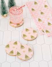 Countryside Christmas wood coaster set with festive holiday designs, durable oak material, set of 4
