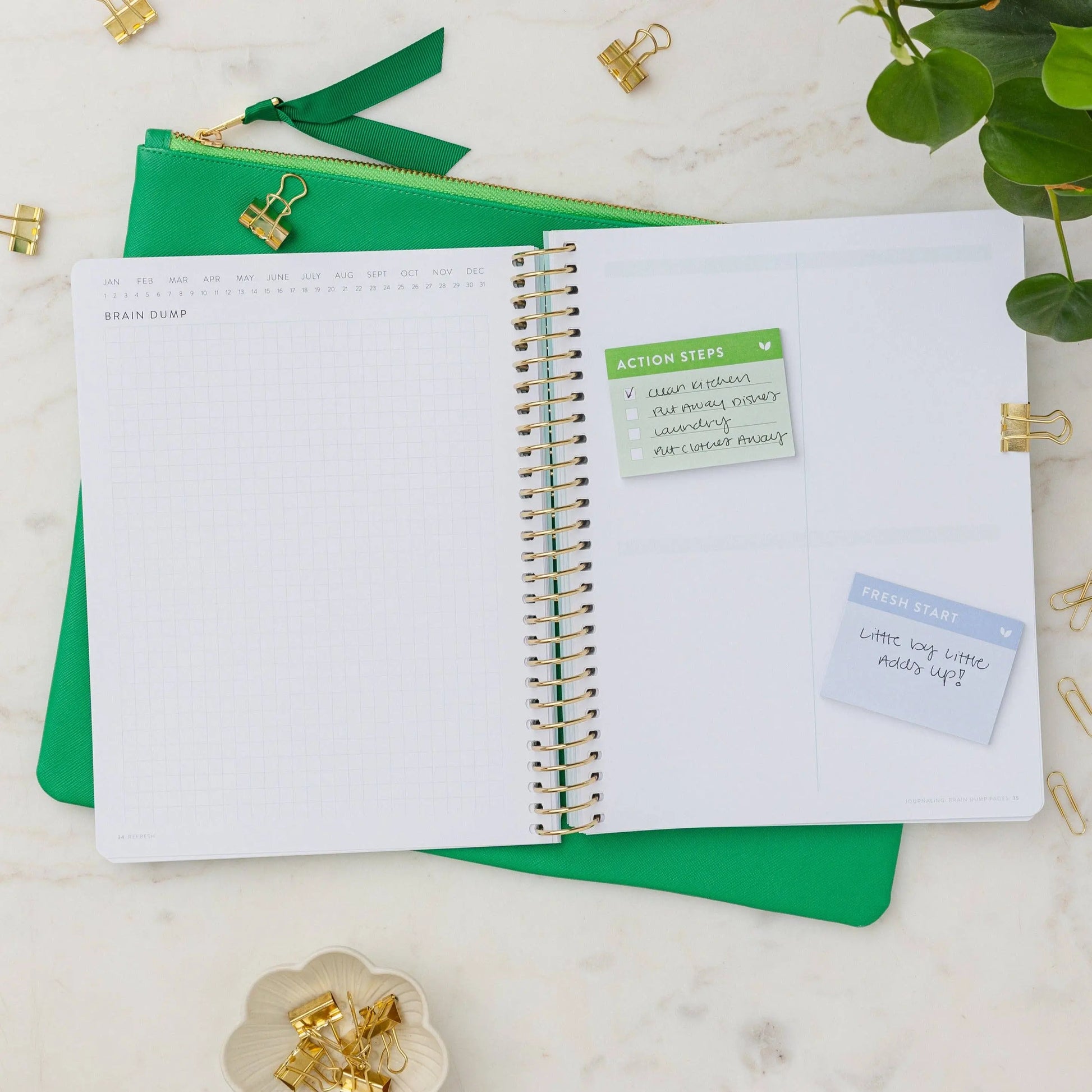 Brain Dump Journal with Gold Stripes by Refresh, A5 size, hardcover, lined pages for productivity and organization