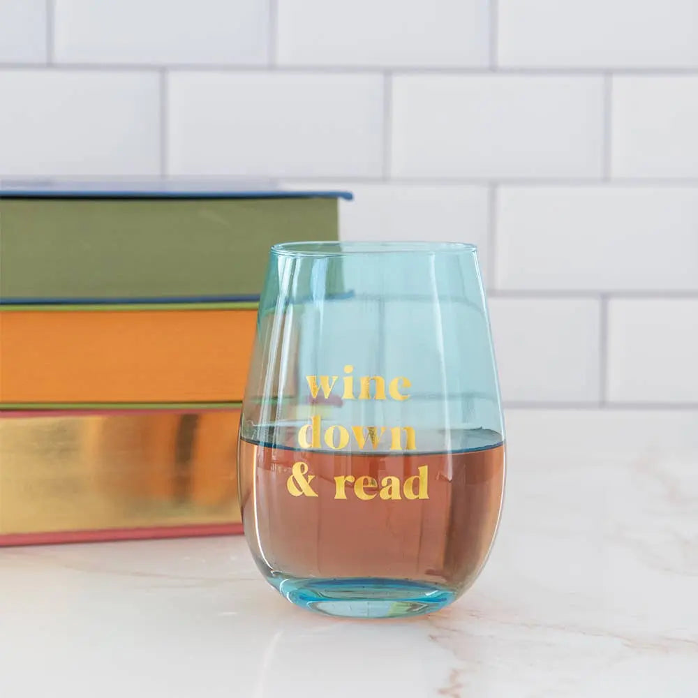 Book Club "Wine Down & Read" Wine Glass, etched stemless design, perfect gift for readers, 16 oz clear glass