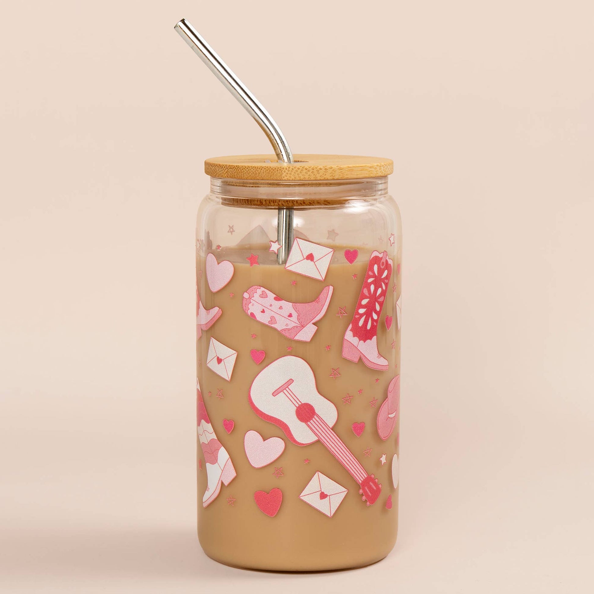 Howdy Cowgirl Western Glass Can with pink floral design, 16oz durable drinking glass, perfect for country-themed kitchens