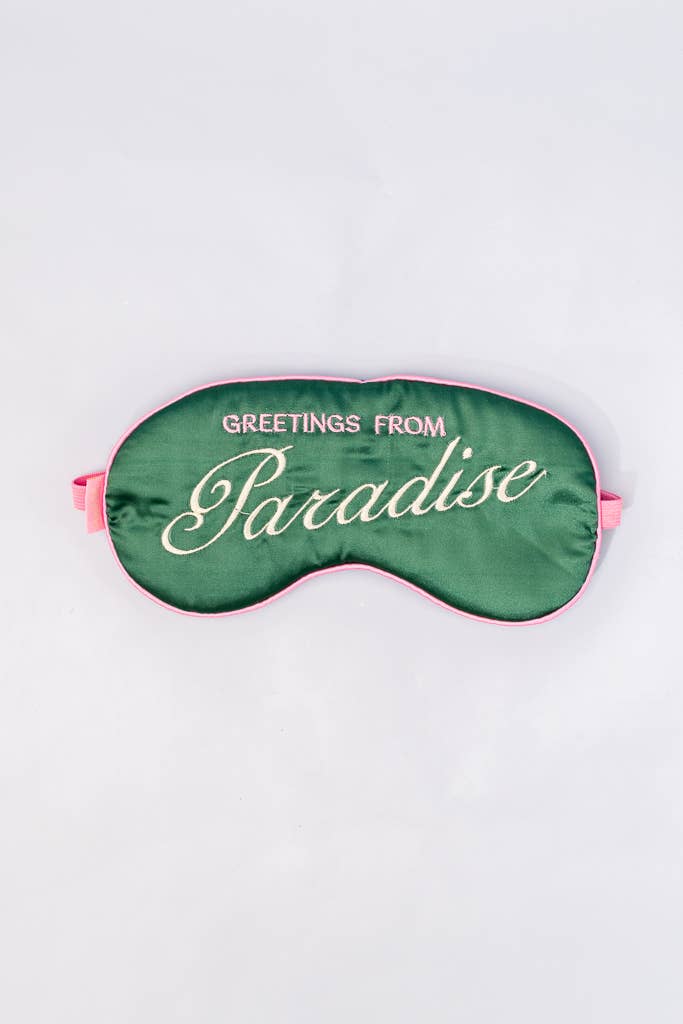 Getaway Eye Mask - Greetings from Paradise: tropical print sleep mask, soft, light-blocking travel essential.