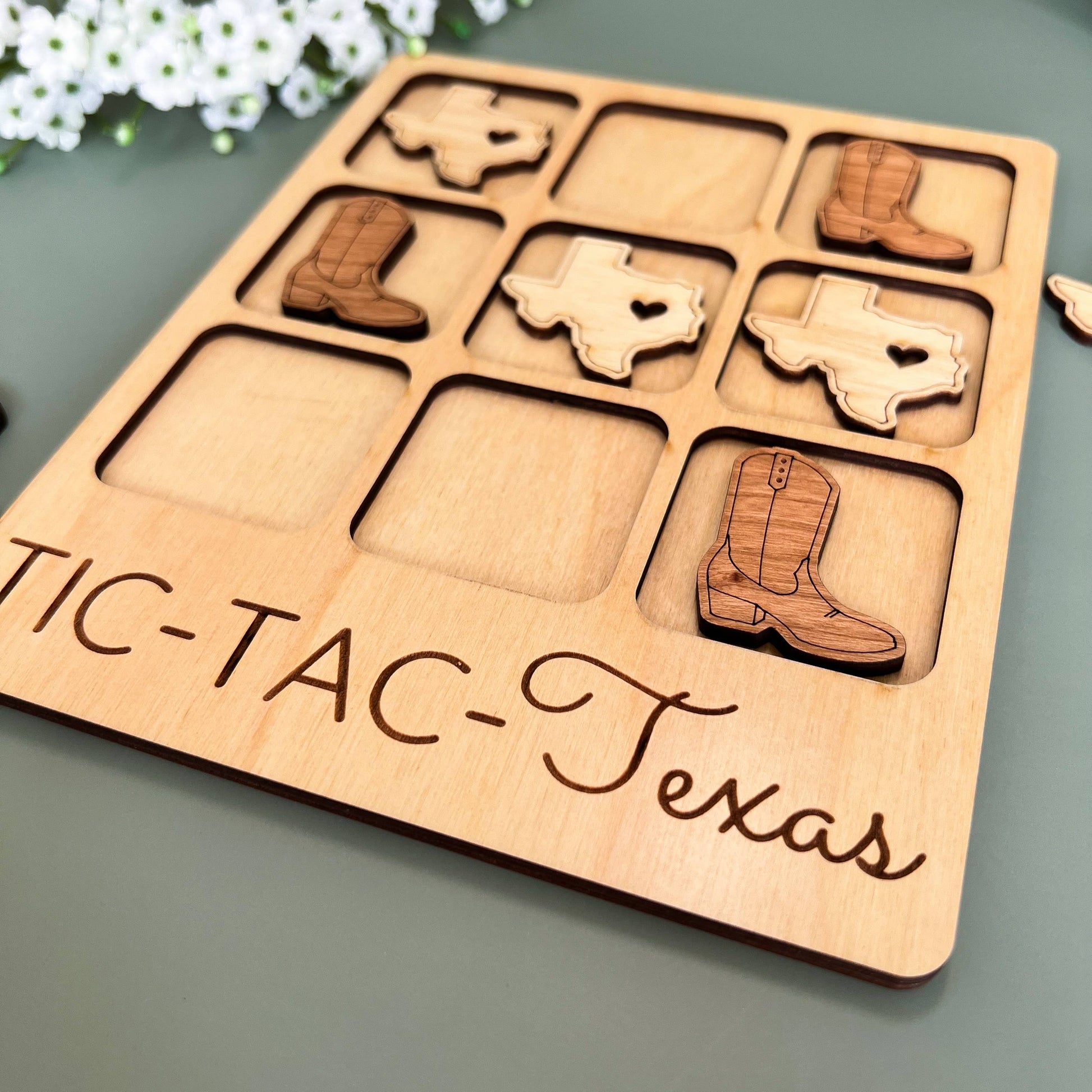 Texas State Gift Tic-Tac-Toe TX Game with customizable cowboy boots, wooden, handcrafted, perfect for Texas-themed decor a...
