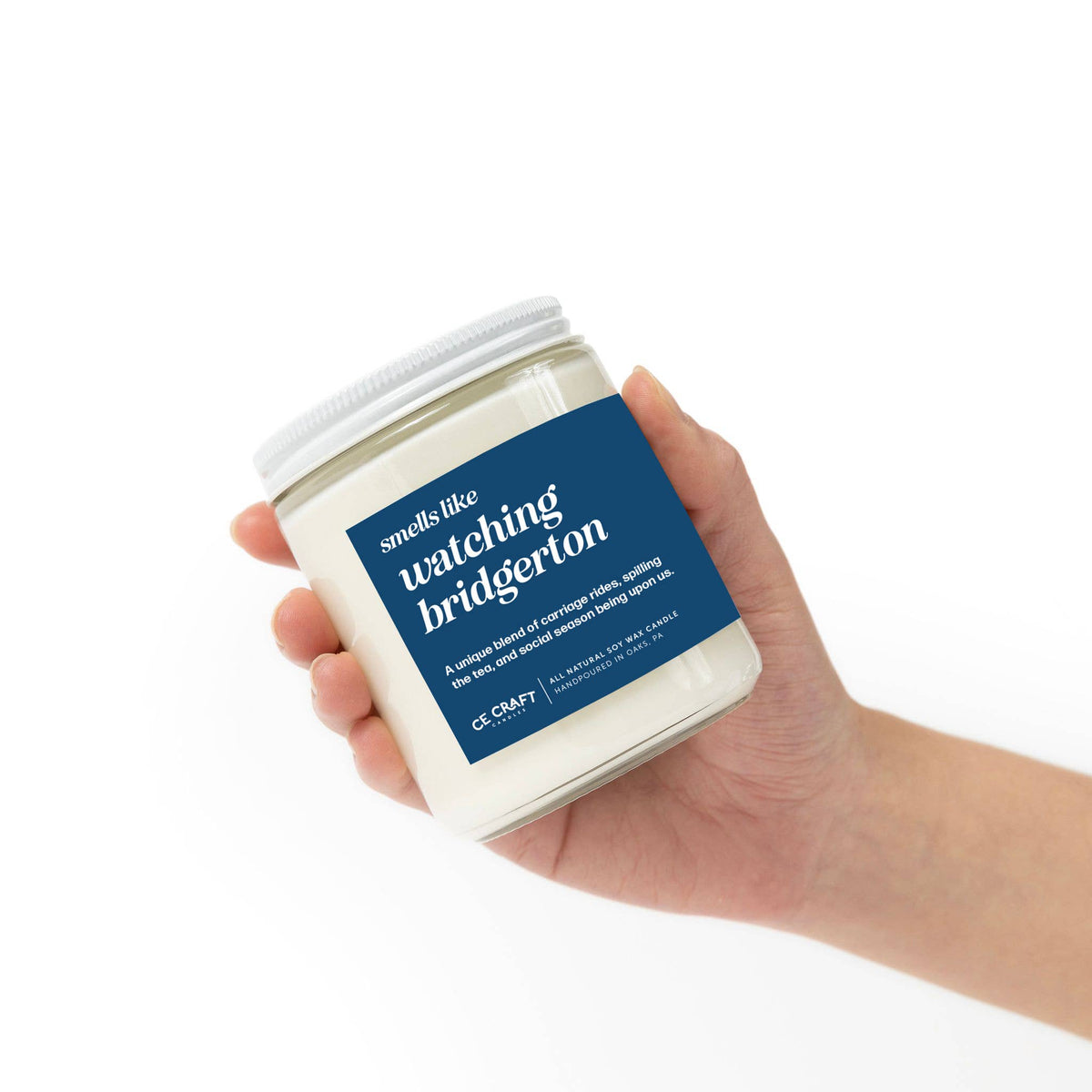 Bridgerton-inspired lavender-scented candle, Smells Like Watching Bridgerton Candle, in elegant glass jar