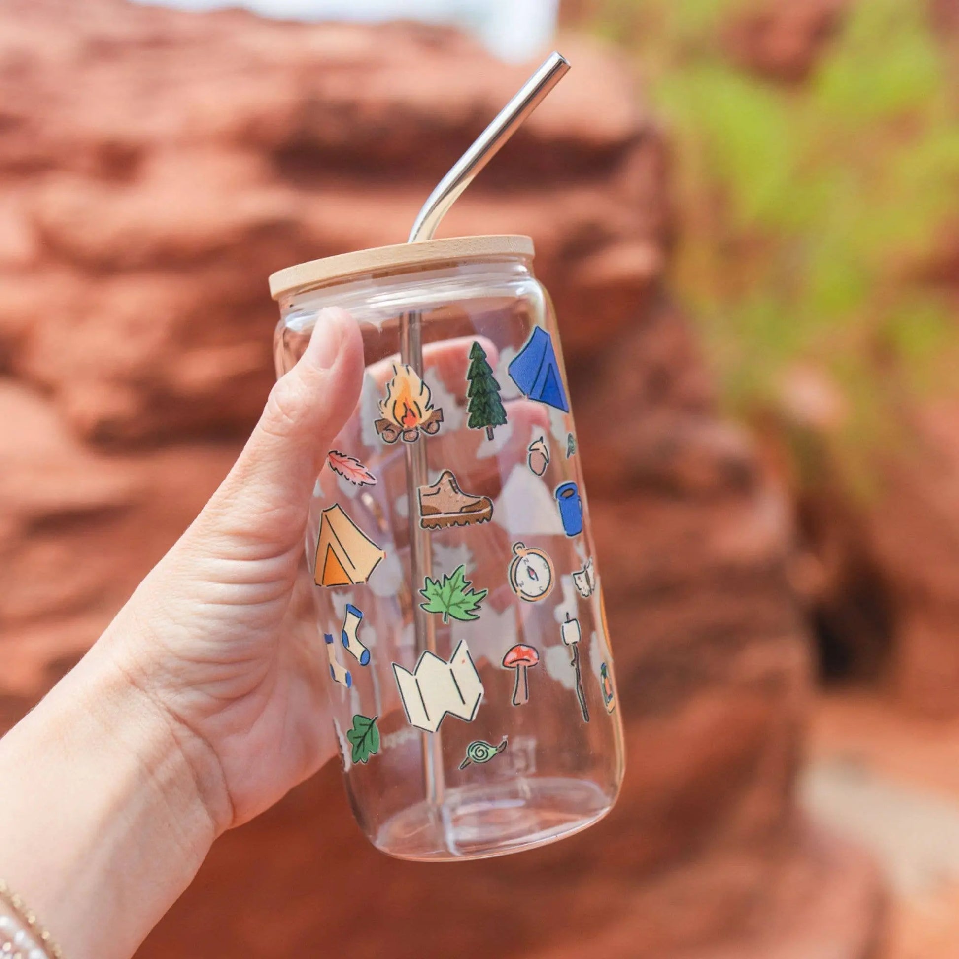 Buy Camping Icons Glass Can, 16oz durable clear glass with colorful outdoor motifs, perfect for camping enthusiasts