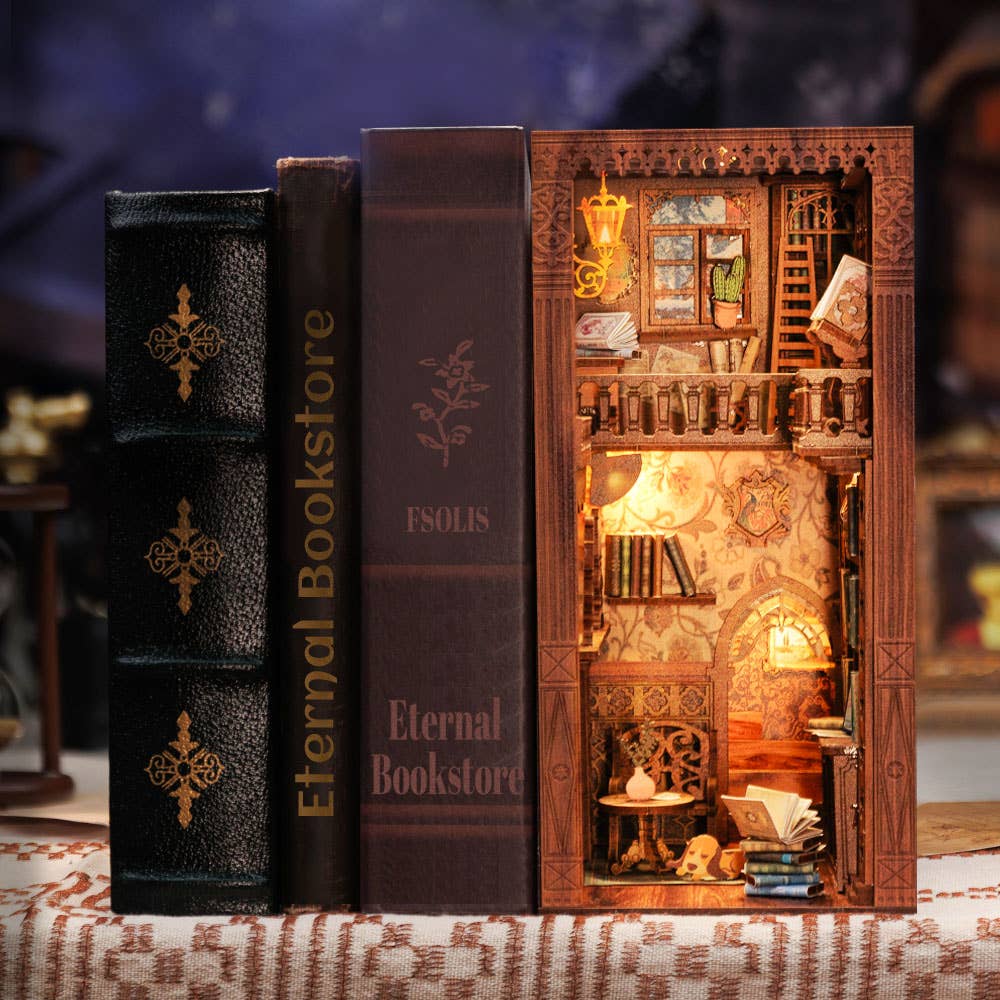 DIY Book Nook Kit: Eternal Bookstore with Dust Cover, miniature wooden model, craft lovers gift idea, detailed design