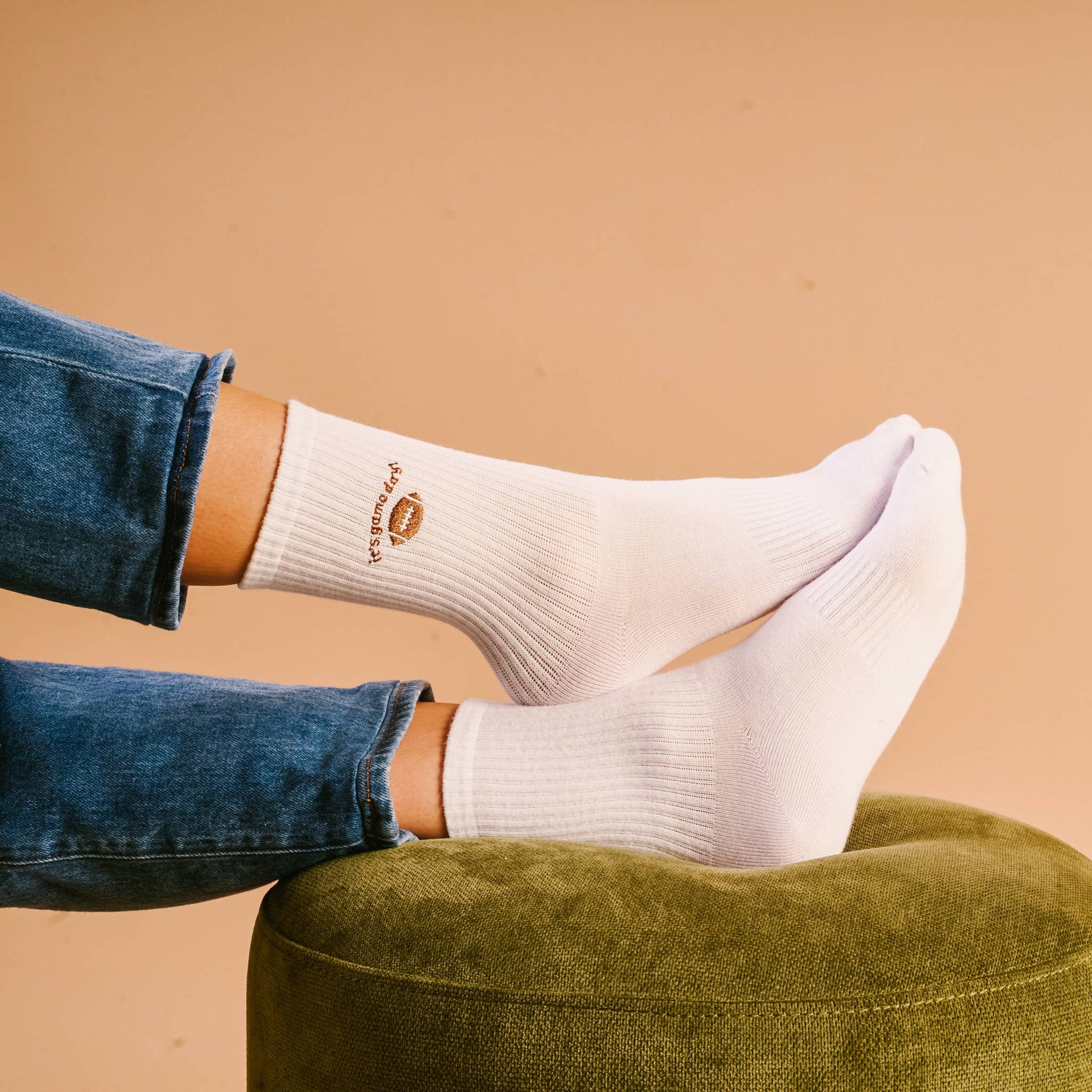Buy Game Day Embroidered Crew Socks in black cotton blend with sporty stripes for football fans