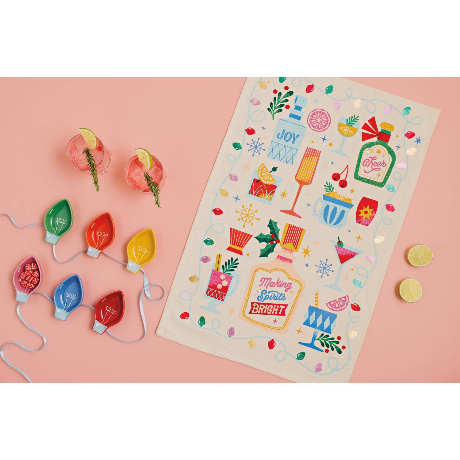 Spirits Bright Christmas Decorative Dishtowel with festive red and green embroidery, 100% cotton, holiday kitchen decor