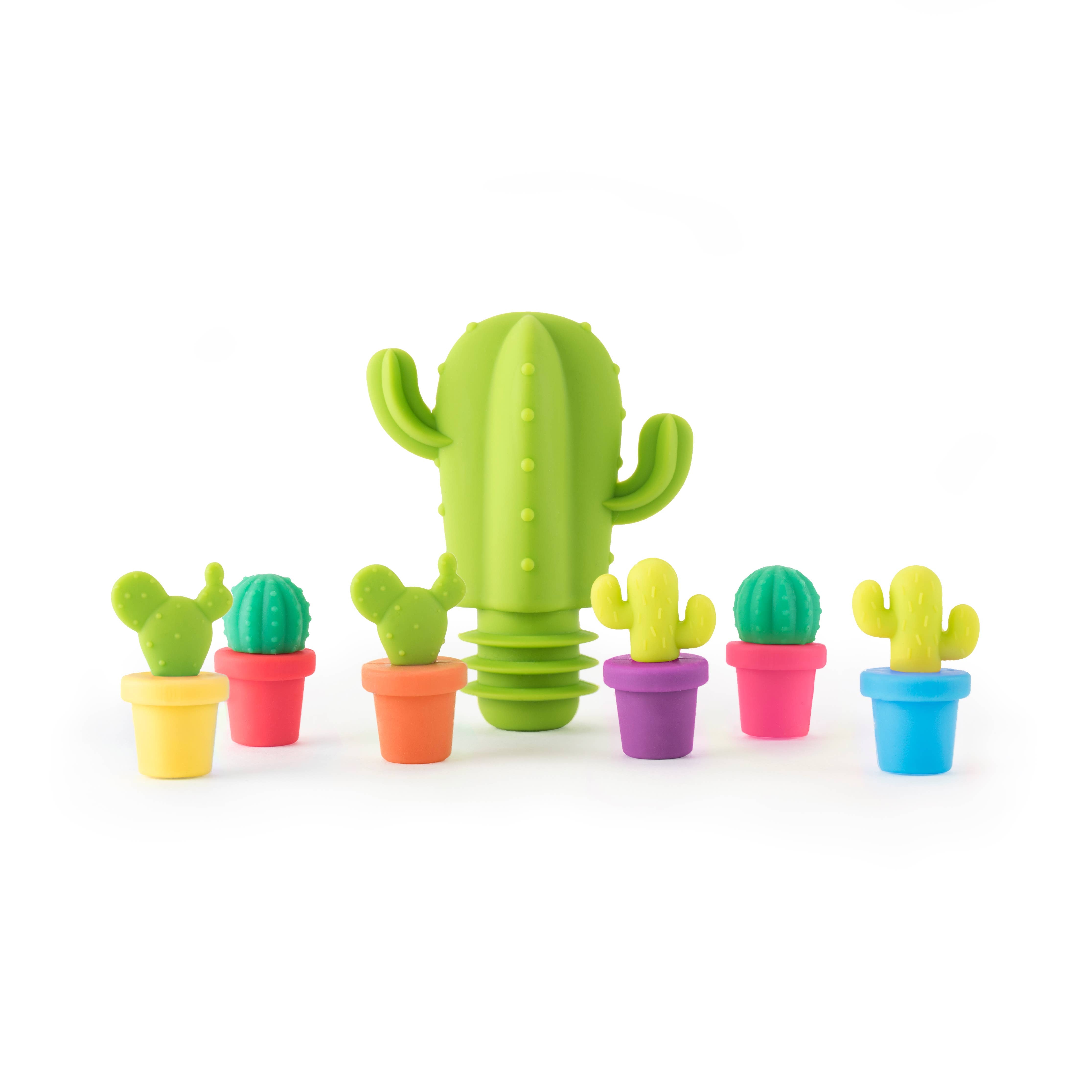 Silicone Cactus Bottle Stopper & Charms - Set of 7