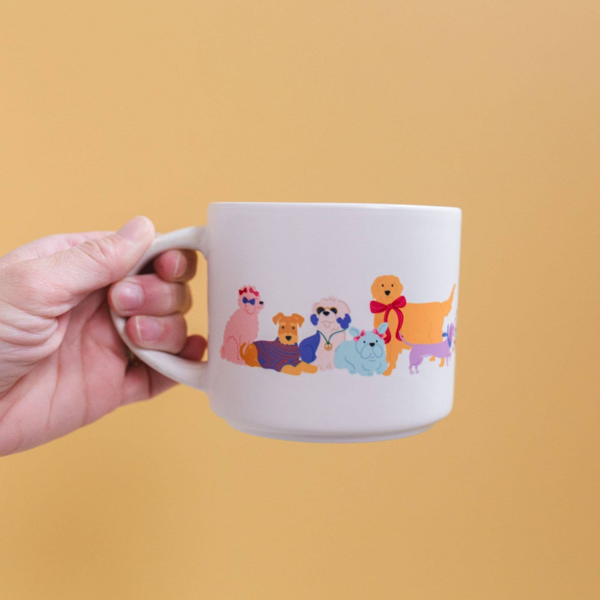 Large ceramic mug featuring Dapper Dogs design, 15oz, with colorful cartoon dogs print, perfect for coffee lovers