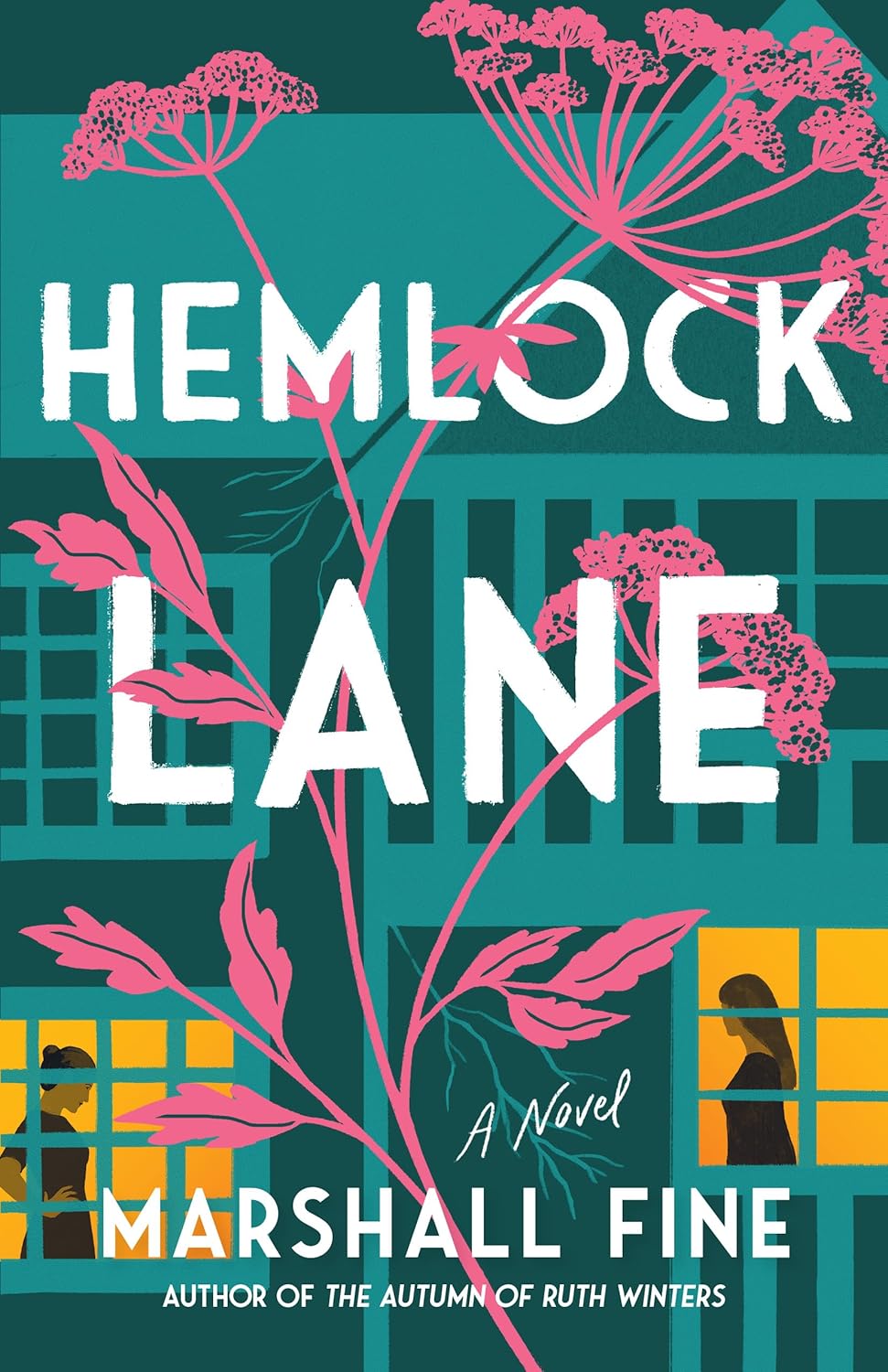 Book cover of 'Hemlock Lane' with pink floral elements and a teal background.