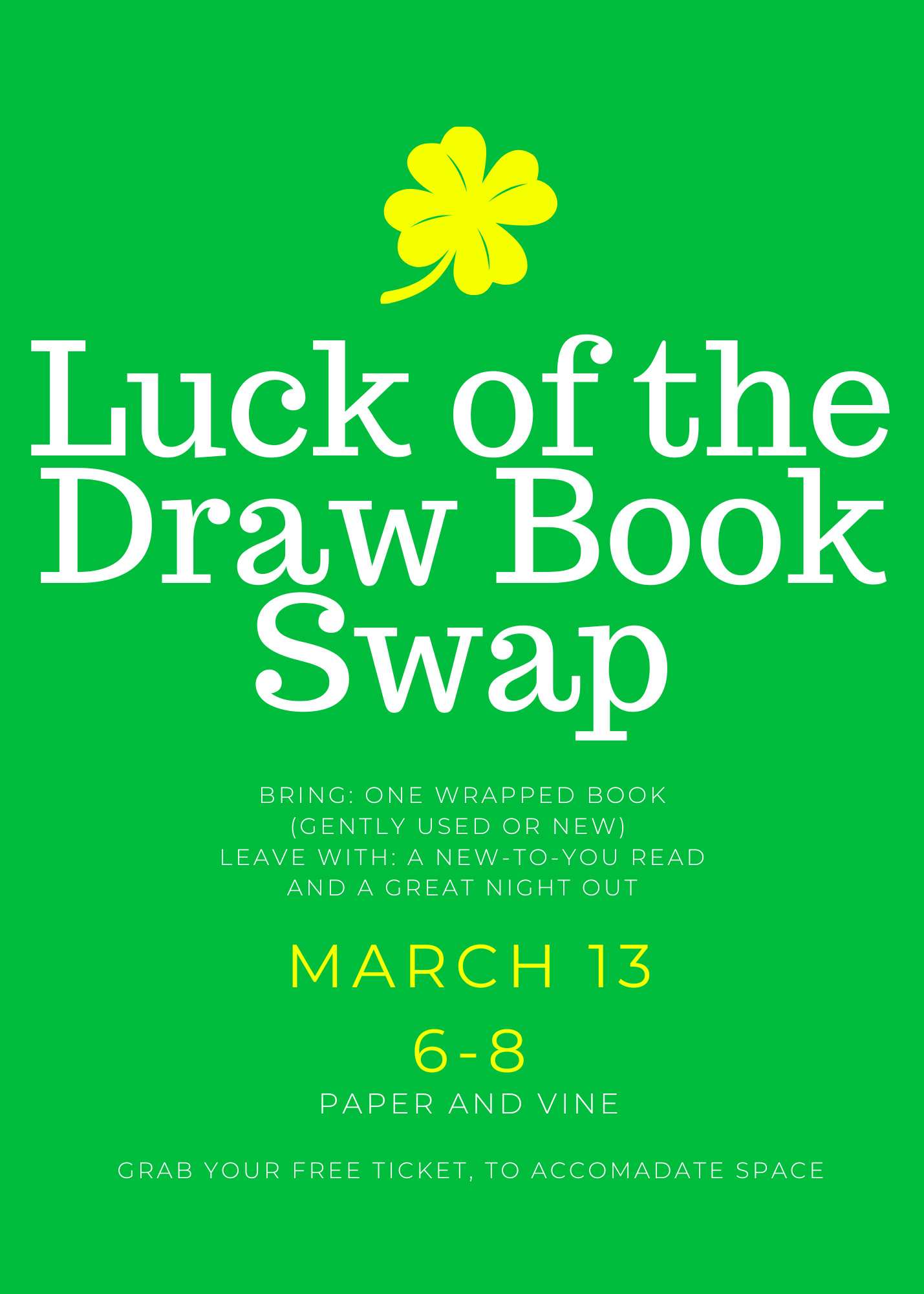 Promotional poster for 'Luck of the Draw Book Swap' event with a green background and yellow clover.